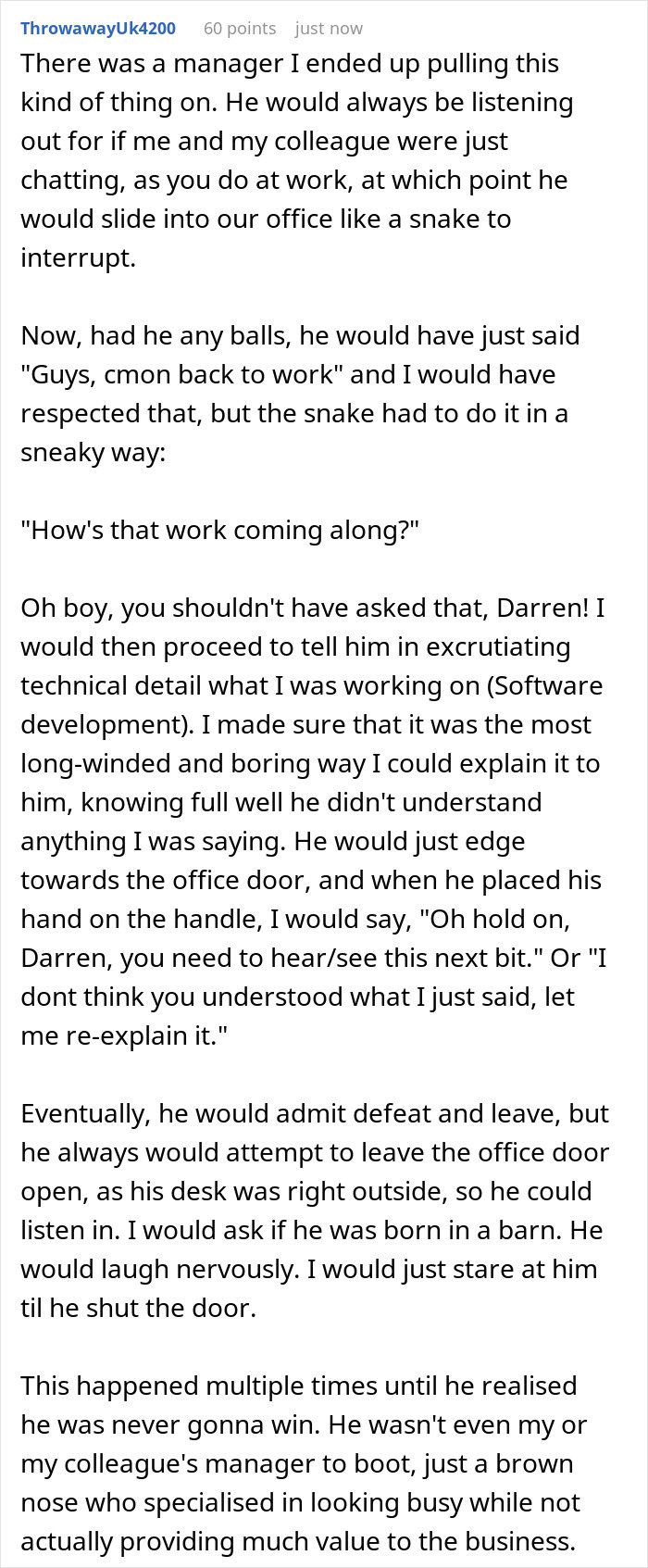 Text post describing nosy neighbor trauma with a sneaky manager interrupting and eavesdropping at work repeatedly.