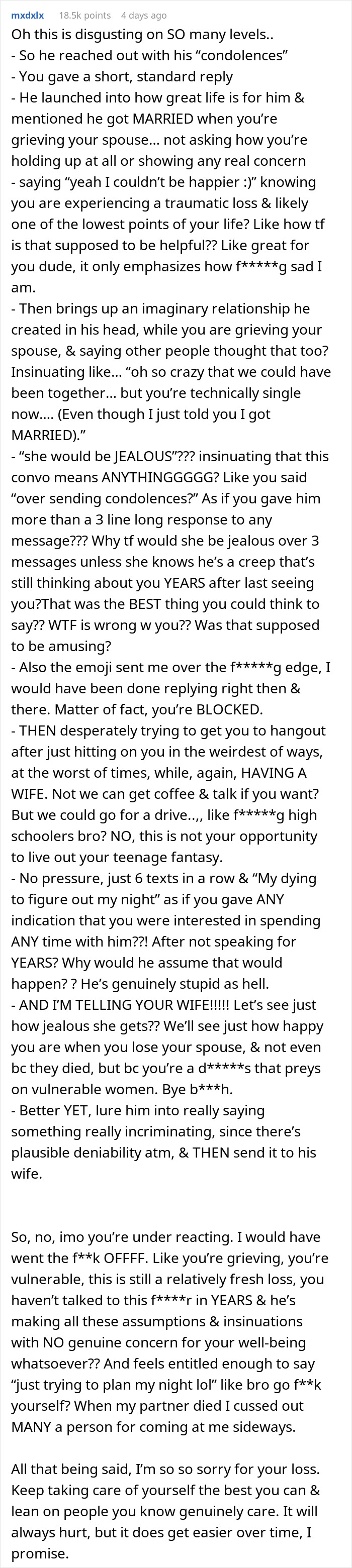 Text post discussing emotional challenges when a boyfriend died and a friend started messaging without real concern or sensitivity.