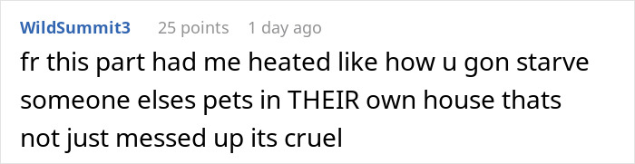User comment about house sitting dispute, expressing anger over pets locked up while others roam free inside a home. User comment about house sitting dispute, expressing anger over pets locked up while others roam free inside a home.
