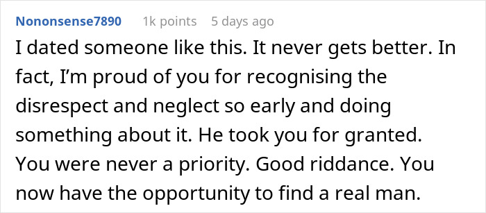 Reddit comment discussing a girlfriend’s effort preparing for boyfriend’s return and his last-minute ditching leading to breakup. Reddit comment discussing a girlfriend’s effort preparing for boyfriend’s return and his last-minute ditching leading to breakup.