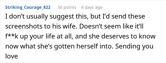 Screenshot of a Reddit comment suggesting to send screenshots after boyfriend died and a friend started messaging.