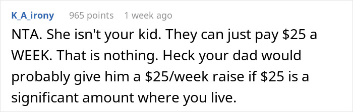 Comment discussing a 40-year-old aunt refusing to be a free sitter, addressing family guilt-tripping and payment suggestions. Comment discussing a 40-year-old aunt refusing to be a free sitter, addressing family guilt-tripping and payment suggestions.