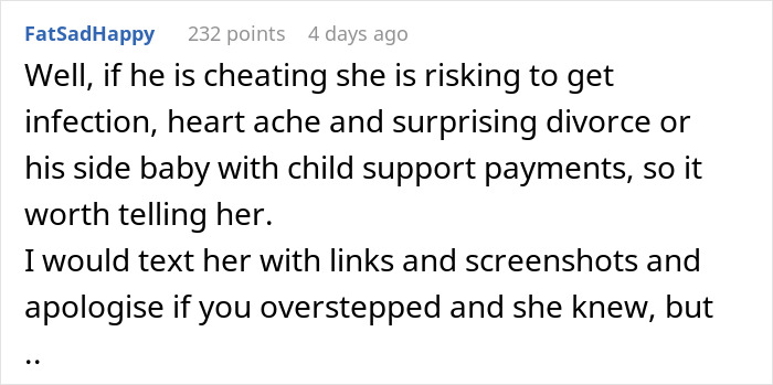 Comment warning about risks of cheating involving friends husband dating the same guy, including infection and divorce concerns. Comment warning about risks of cheating involving friends husband dating the same guy, including infection and divorce concerns.