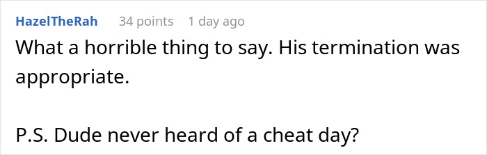 Commenter responding to CFO firing employee immediately after a body-shaming comment during workplace incident. Commenter responding to CFO firing employee immediately after a body-shaming comment during workplace incident.