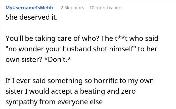 Comment screenshot showing a user reacting to a cruel joke about a husband, sparking family tension and a heated dinner argument.