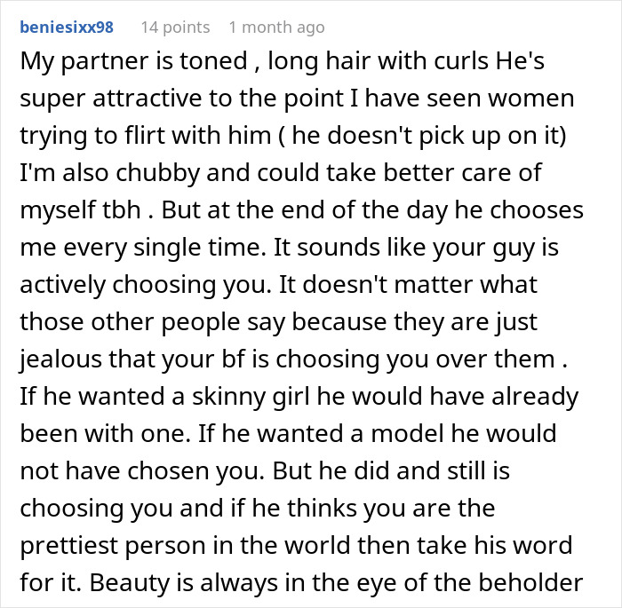 Text post from Reddit user beniesixx98 sharing thoughts on being in a relationship with a model boyfriend out of her league. Text post from Reddit user beniesixx98 sharing thoughts on being in a relationship with a model boyfriend out of her league.