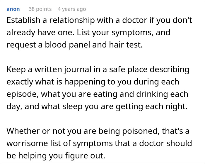Screenshot of advice on dealing with suspicious behavior from a mother-in-law related to poisoning concerns. Screenshot of advice on dealing with suspicious behavior from a mother-in-law related to poisoning concerns.