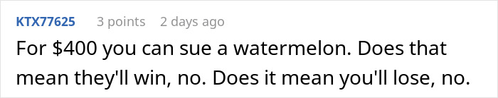 Comment on Reddit about suing a watermelon for $400, discussing the chances of winning or losing the case.