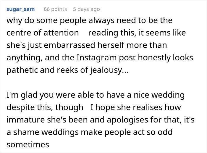 Comment about woman pretending to be bride at SIL’s wedding, highlighting jealousy and immature behavior discussed online. Comment about woman pretending to be bride at SIL’s wedding, highlighting jealousy and immature behavior discussed online.