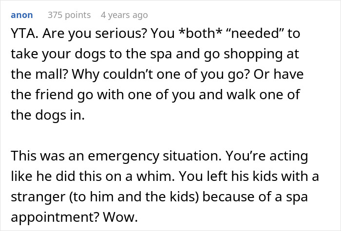 Online comment criticizing refusal to look after brother’s children during emergency, highlighting irresponsibility and poor priorities. Online comment criticizing refusal to look after brother’s children during emergency, highlighting irresponsibility and poor priorities.