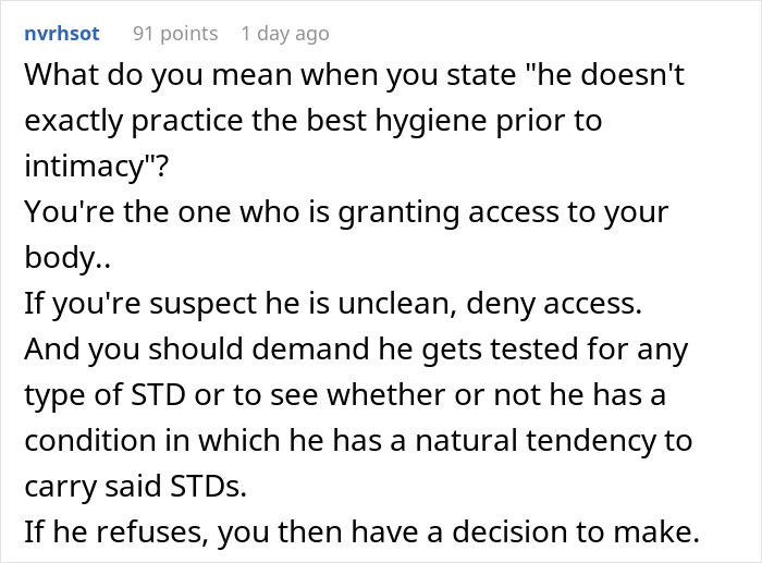 Comment discussing concerns about partner being prone to infections and the importance of refusing intimacy without testing. Comment discussing concerns about partner being prone to infections and the importance of refusing intimacy without testing.
