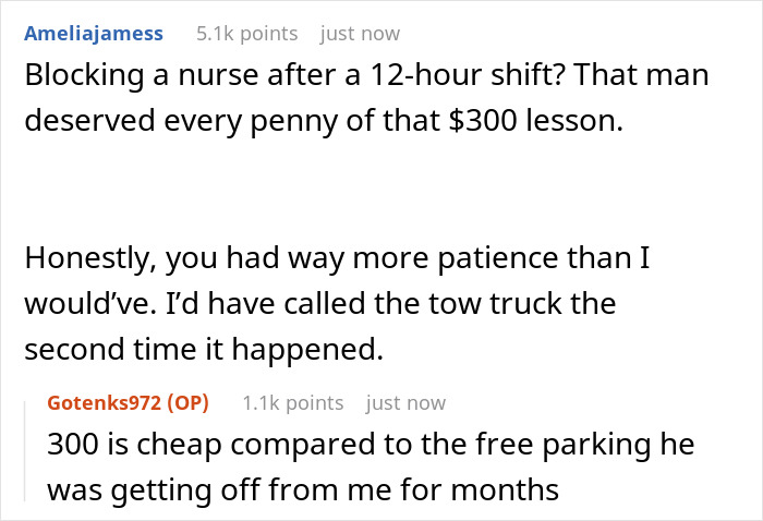 Text conversation about a nurse returning from a 12-hour shift and dealing with a neighbor using her driveway repeatedly. Text conversation about a nurse returning from a 12-hour shift and dealing with a neighbor using her driveway repeatedly.