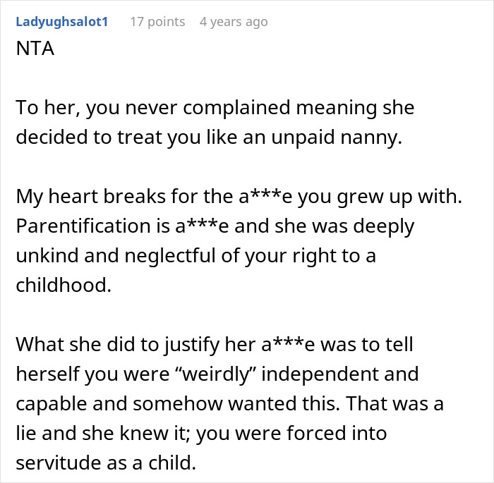 Reddit comment discussing take care siblings refusing support to mother, highlighting parentification and childhood neglect issues. Reddit comment discussing take care siblings refusing support to mother, highlighting parentification and childhood neglect issues.