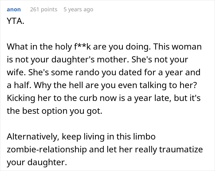 Screenshot of online comment criticizing dad over ex’s influence on daughter copying eating disorder behavior at age 3. Screenshot of online comment criticizing dad over ex’s influence on daughter copying eating disorder behavior at age 3.
