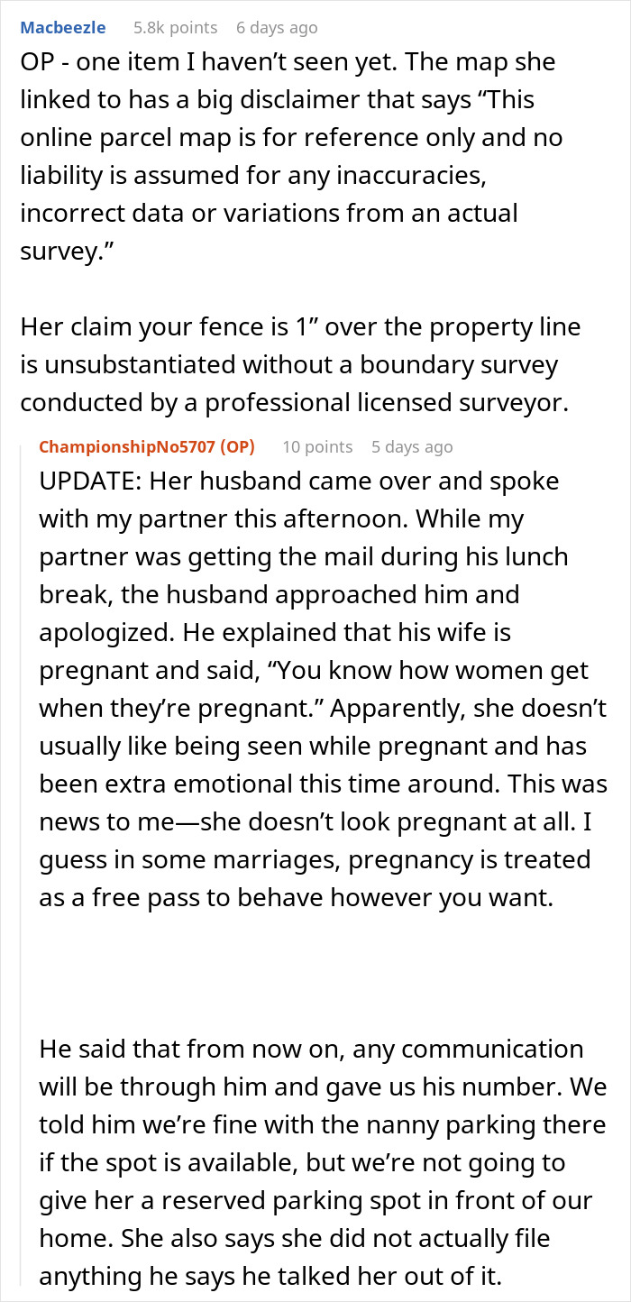 Screenshot of an online discussion about a neighbor upset over nanny parking in front of a home and related property disputes. Screenshot of an online discussion about a neighbor upset over nanny parking in front of a home and related property disputes.
