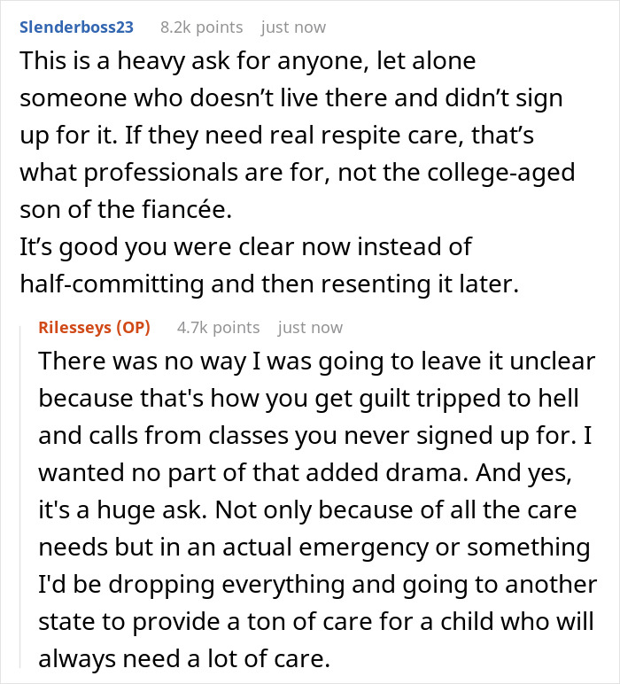 Reddit conversation discussing a mom asking her 20-year-old son to care for fiancé’s disabled daughter and his refusal. Reddit conversation discussing a mom asking her 20-year-old son to care for fiancé’s disabled daughter and his refusal.