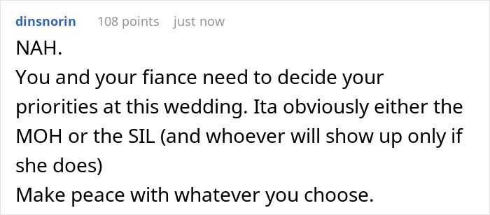 Comment discussing priorities and decision-making about refusing sister-in-law’s service dog at a wedding event.