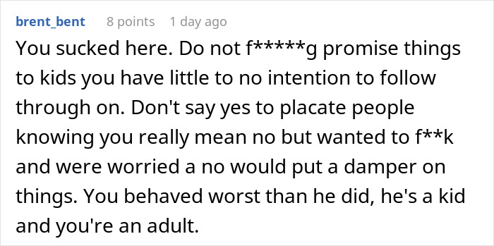 Screenshot of a Reddit comment criticizing a man while his girlfriend’s son has a meltdown about mountain biking early morning. Screenshot of a Reddit comment criticizing a man while his girlfriend’s son has a meltdown about mountain biking early morning.