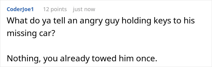 Text post showing a user joking about an angry man holding keys to his missing car after being towed once. Text post showing a user joking about an angry man holding keys to his missing car after being towed once.