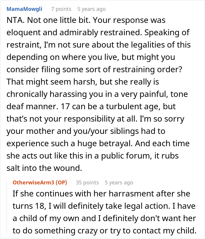 Screenshot of an online forum discussion about a family’s dirty laundry aired by a stalker half-sister and legal actions taken. Screenshot of an online forum discussion about a family’s dirty laundry aired by a stalker half-sister and legal actions taken.