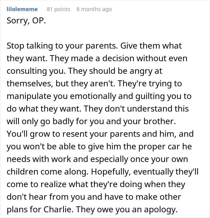 Screenshot of an online comment discussing parents expecting a son to care for his autistic brother and family conflict. Screenshot of an online comment discussing parents expecting a son to care for his autistic brother and family conflict.
