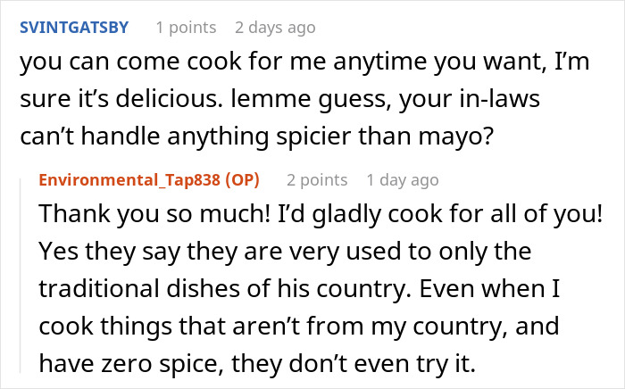 Reddit comments discussing in-laws pushing boundaries after divorce and challenges with cooking preferences. Reddit comments discussing in-laws pushing boundaries after divorce and challenges with cooking preferences.