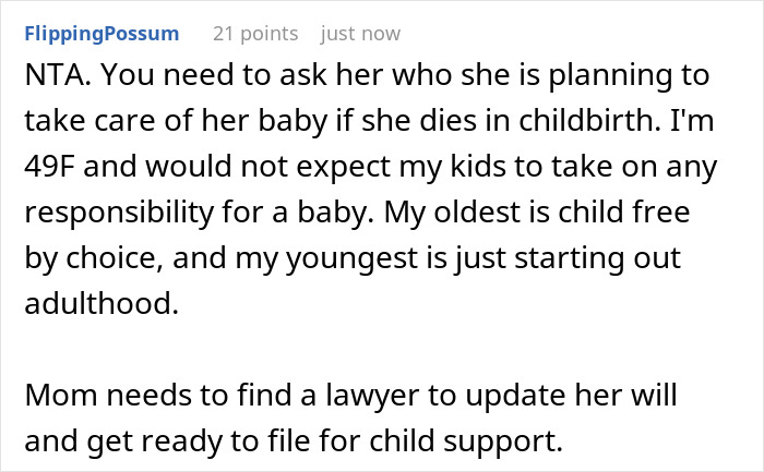 Screenshot of Reddit comment discussing a 46-year-old expecting adult kids to help with baby care and child support advice. Screenshot of Reddit comment discussing a 46-year-old expecting adult kids to help with baby care and child support advice.