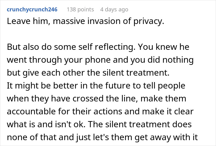 Reddit user comments discussing privacy invasion after man goes through girlfriend’s phone and relationship issues. Reddit user comments discussing privacy invasion after man goes through girlfriend’s phone and relationship issues.