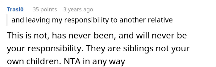 Screenshot of an online comment discussing responsibility and adoption of unwanted siblings by a sister. Screenshot of an online comment discussing responsibility and adoption of unwanted siblings by a sister.