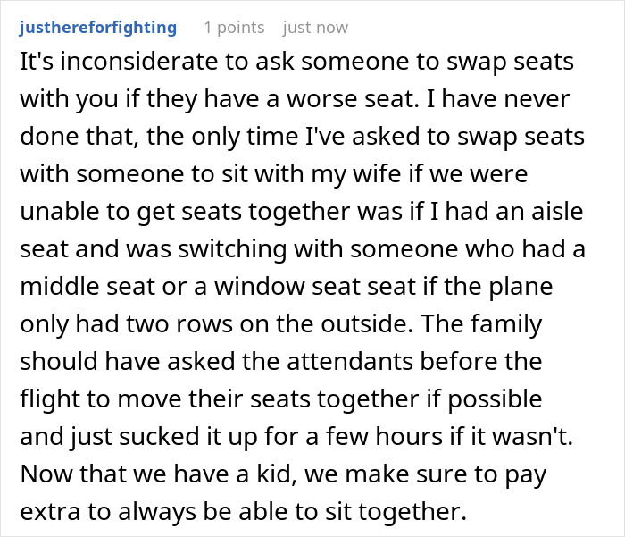 Reddit comment discussing family drama over passenger's paid seat refusal to swap seats during a flight journey. Reddit comment discussing family drama over passenger's paid seat refusal to swap seats during a flight journey.