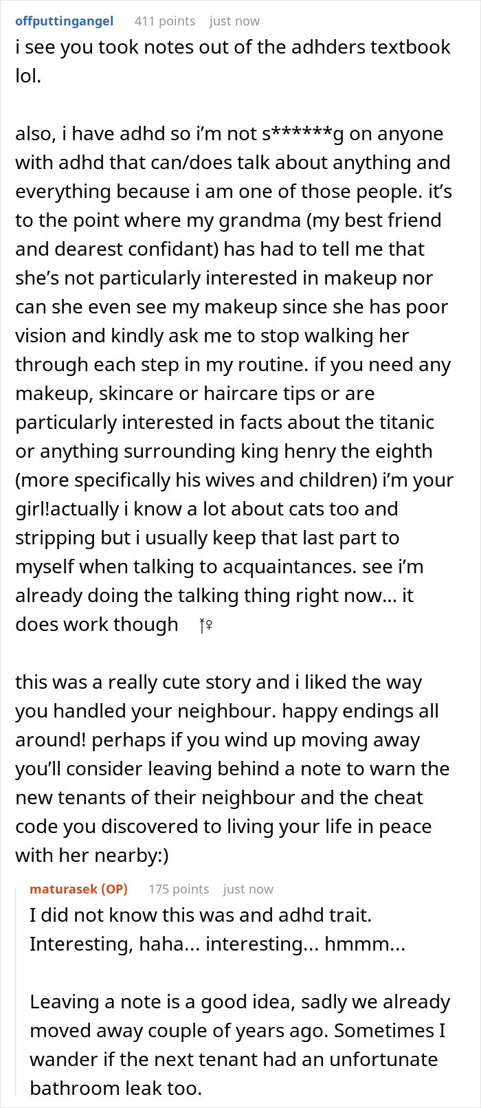 Screenshot of a discussion about ADHD traits and handling nosy neighbor trauma with tips for peaceful living.