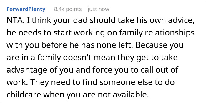Screenshot of an online comment discussing family relationships and refusing to babysit half siblings unwillingly. Screenshot of an online comment discussing family relationships and refusing to babysit half siblings unwillingly.