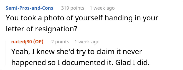 Screenshot of an online discussion about a boss pretending never gave notice and documenting the resignation.