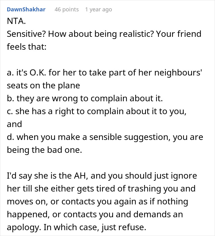 Comment text discussing an obese friend taking part of neighbors' seats on a flight and suggesting buying two seats for comfort. Comment text discussing an obese friend taking part of neighbors' seats on a flight and suggesting buying two seats for comfort.