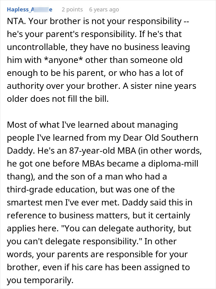 Screenshot of a user comment explaining a woman’s struggles with her teen brother and parental responsibility. Screenshot of a user comment explaining a woman’s struggles with her teen brother and parental responsibility.