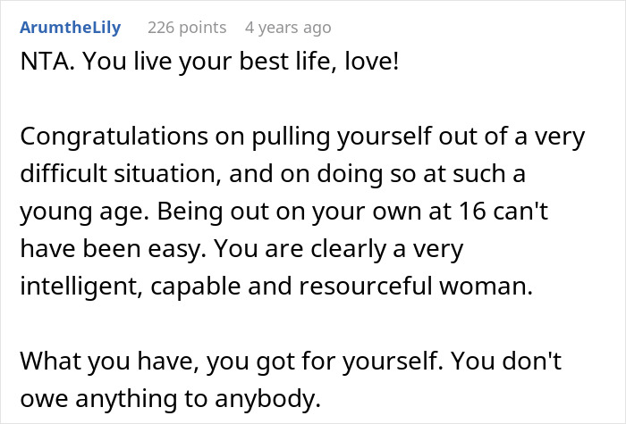 Reddit comment praising a young woman for her strength and independence in taking care of siblings and refusing mother’s support. Reddit comment praising a young woman for her strength and independence in taking care of siblings and refusing mother’s support.