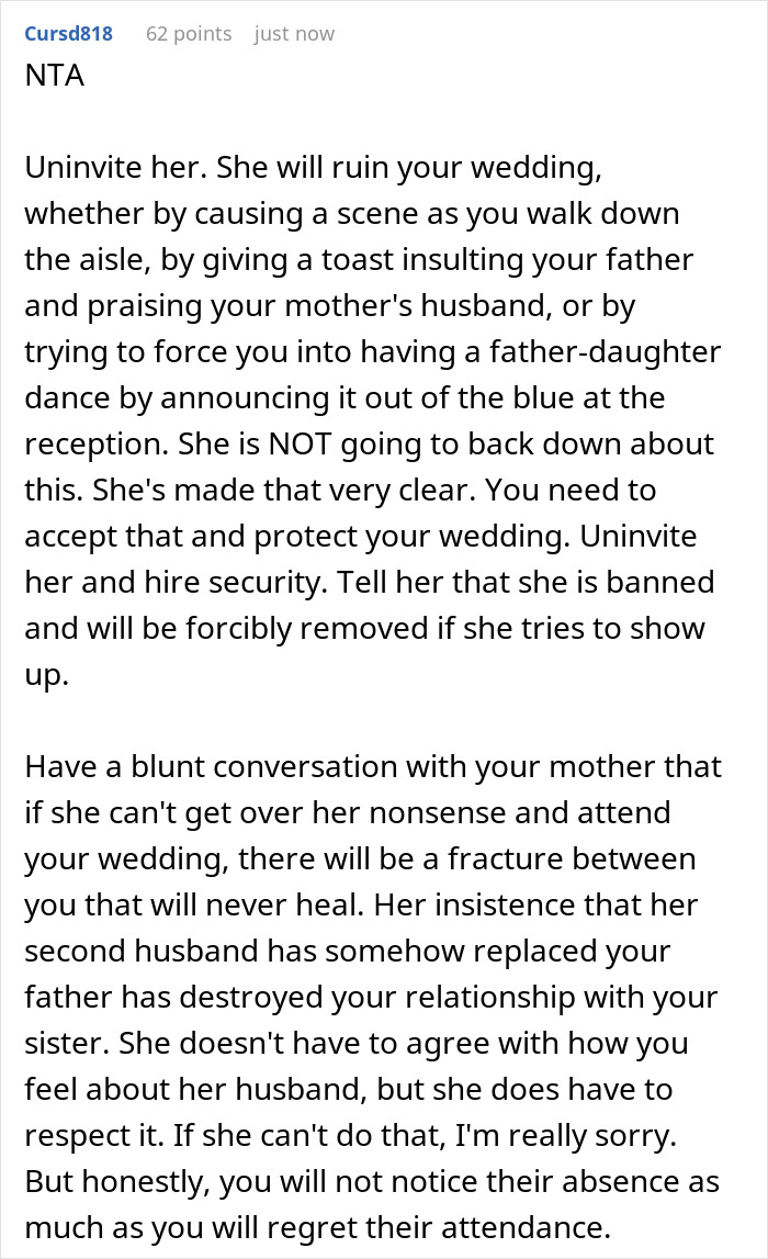 Text post discussing a bride refusing to let mom's hubby walk her down the aisle and dealing with bratty sister drama.