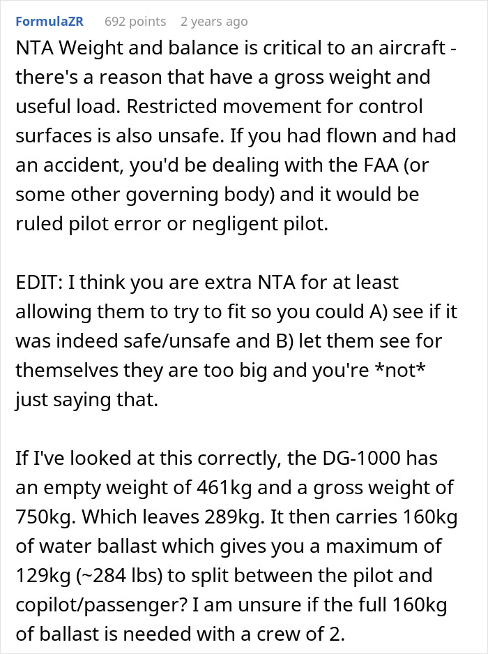 Comment explaining weight and balance safety in aircraft related to a guy refusing to let obese family fly in his plane. Comment explaining weight and balance safety in aircraft related to a guy refusing to let obese family fly in his plane.