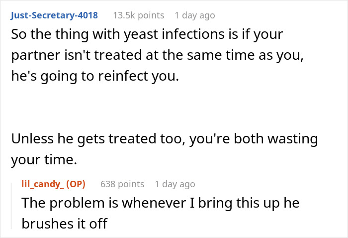 Text conversation about partner being prone to infections, refusing testing, causing concerns about treatment and relationship trust. Text conversation about partner being prone to infections, refusing testing, causing concerns about treatment and relationship trust.