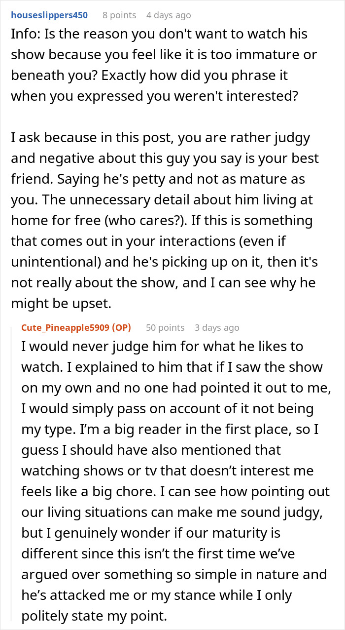 Online discussion about refusing to watch autistic friend's show recommendation and the resulting misunderstandings. Online discussion about refusing to watch autistic friend's show recommendation and the resulting misunderstandings.