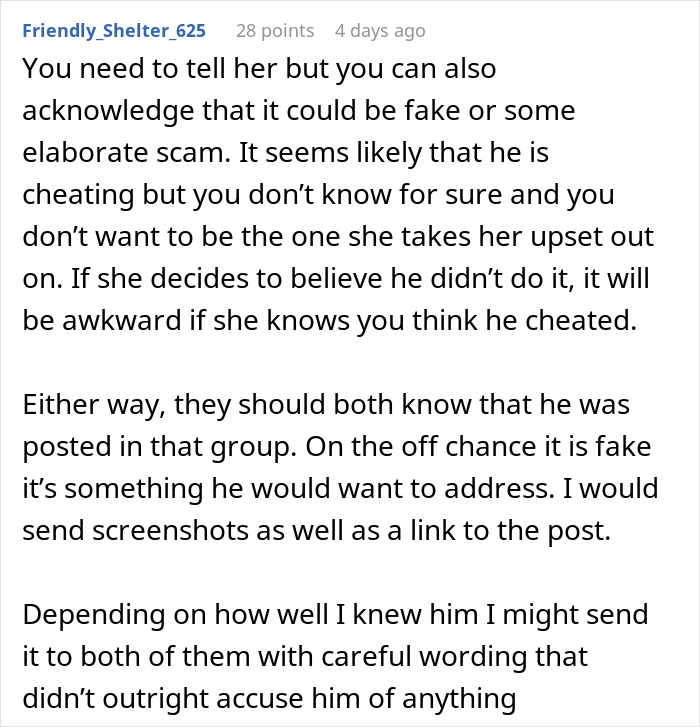 Comment discussing a potential cheating situation involving friends and a husband dating the same guy with careful wording advice. Comment discussing a potential cheating situation involving friends and a husband dating the same guy with careful wording advice.