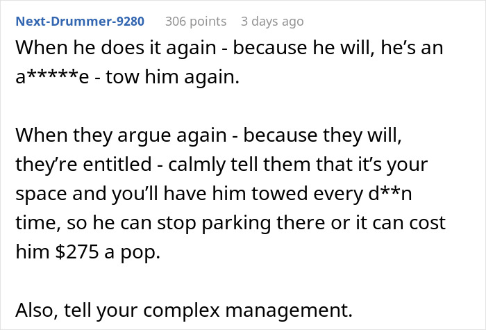 Screenshot of a forum comment discussing revenge on a roomie’s boyfriend who steals parking spots by having his car towed. Screenshot of a forum comment discussing revenge on a roomie’s boyfriend who steals parking spots by having his car towed.