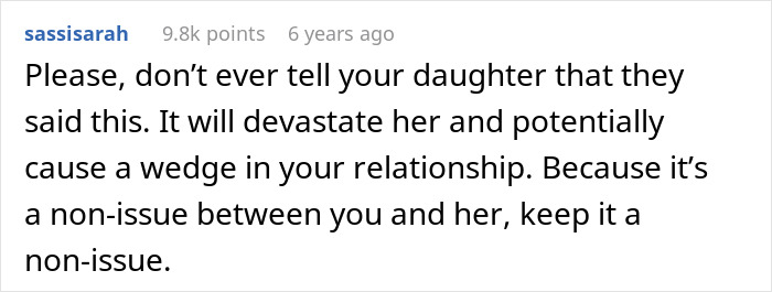 Comment emphasizing keeping the issue between father and 15-year-old daughter as a non-issue amid in-laws' accusations. Comment emphasizing keeping the issue between father and 15-year-old daughter as a non-issue amid in-laws' accusations.