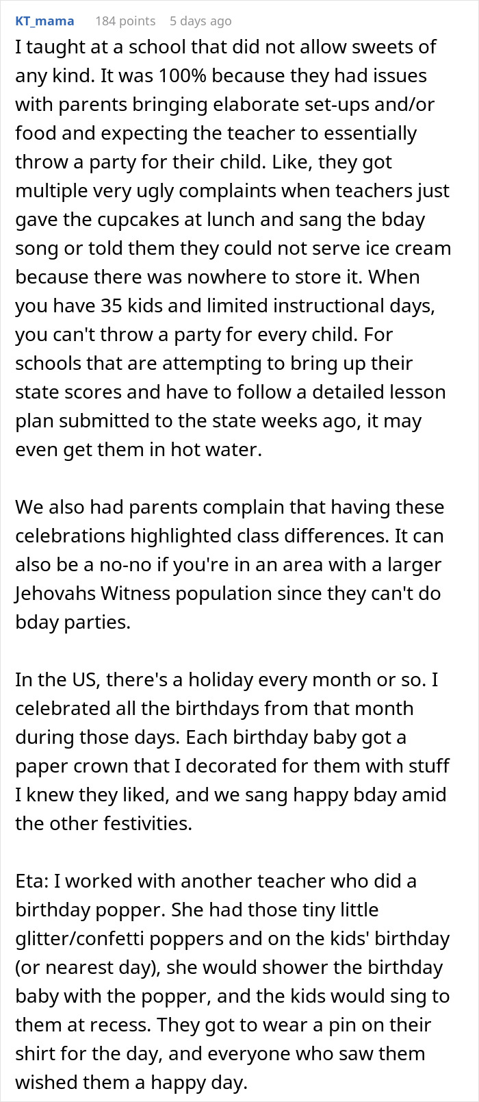 Text post discussing school policies on birthday celebrations and reactions to elaborate treats like cupcakes brought by parents. Text post discussing school policies on birthday celebrations and reactions to elaborate treats like cupcakes brought by parents.