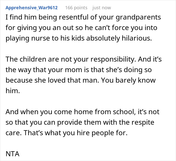 Comment discussing mom trying to recruit 20-year-old son to care for fiance’s disabled daughter and his refusal. Comment discussing mom trying to recruit 20-year-old son to care for fiance’s disabled daughter and his refusal.