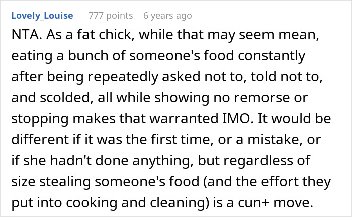 Reddit comment discussing drama about a woman upset over bro’s girlfriend repeatedly eating her food without remorse. Reddit comment discussing drama about a woman upset over bro’s girlfriend repeatedly eating her food without remorse.