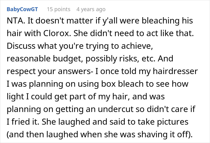 Screenshot of a Reddit comment discussing a rude salon employee refusing to sell box dye and criticizing its use. Screenshot of a Reddit comment discussing a rude salon employee refusing to sell box dye and criticizing its use.