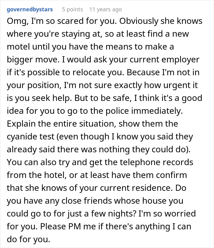 Comment expressing concern and urging immediate police involvement in a mother-poisoned-me situation for safety. Comment expressing concern and urging immediate police involvement in a mother-poisoned-me situation for safety.