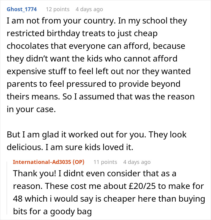 Comments discussing school restrictions on birthday treats and a mom’s effort baking cupcakes for son’s birthday celebration. Comments discussing school restrictions on birthday treats and a mom’s effort baking cupcakes for son’s birthday celebration.