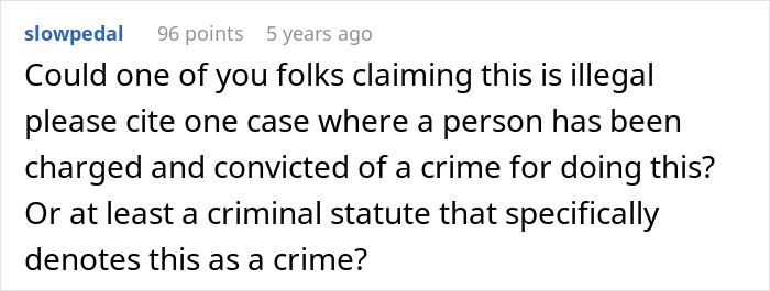 Screenshot of a Reddit comment questioning the legality of someone being charged for an unspecified action.